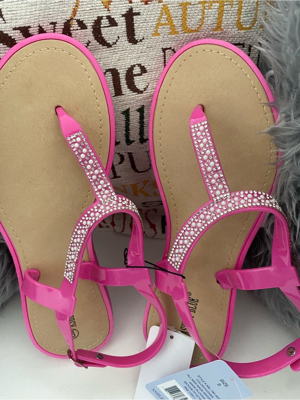 Ashley Blue Hot Pink Rhinestone T-Strap Sandals - Picture 4 of 4